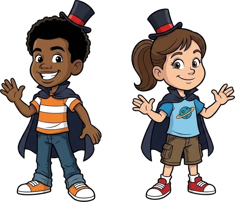 Os mascotes da Escola Mágica acenando